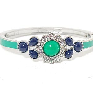 Lia Sophia Blue and Green Flower Stretch Bangle, Enamel, Rhinestone, EUC